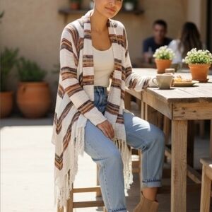 ESCIO | WATERFALL FRONT, FRINGE BOTTOM STRIPED LIGHTWEIGHT CARDIGAN